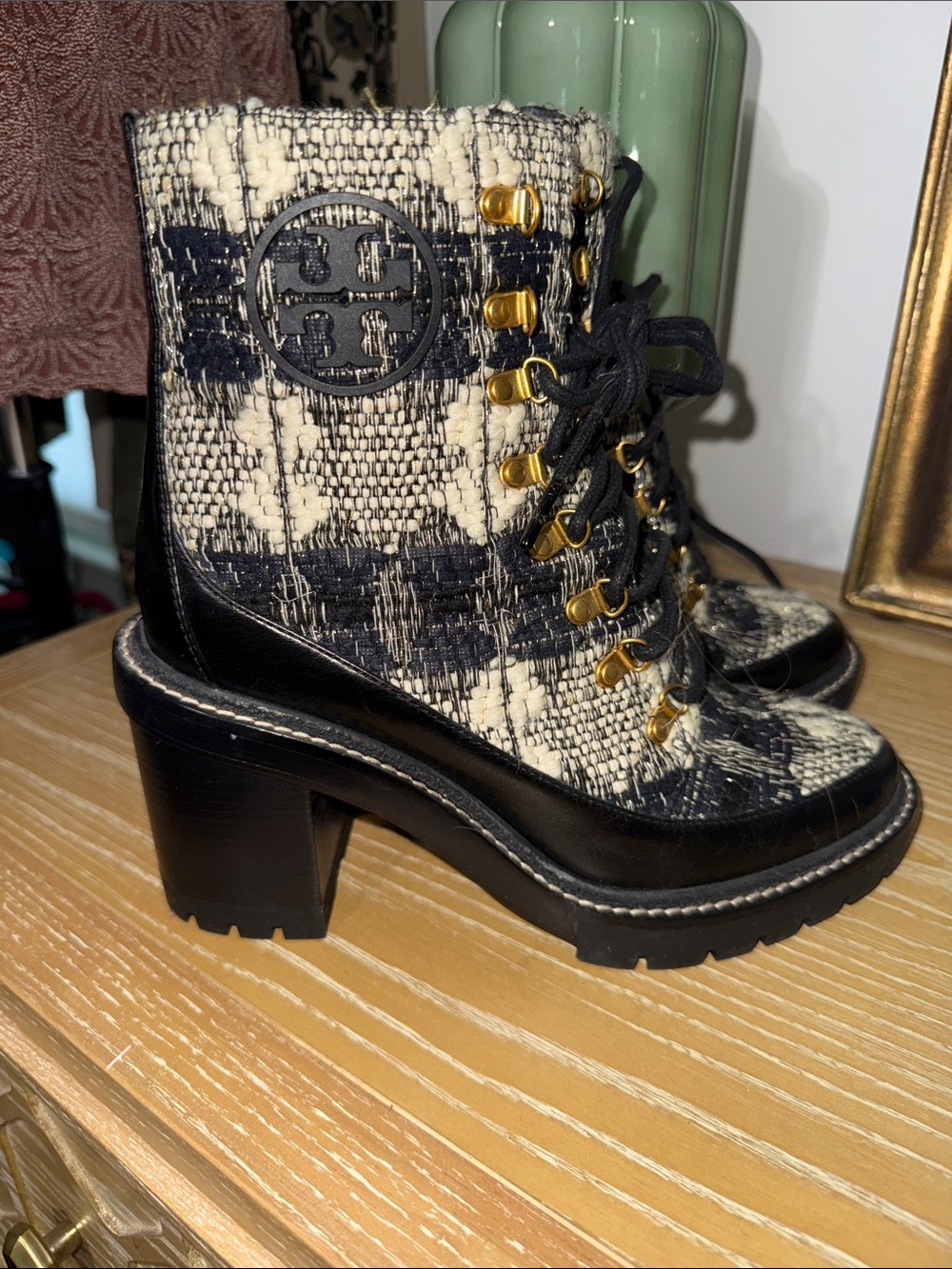 Tory Burch Black and Cream Tweed Lace-Up Heeled Boots